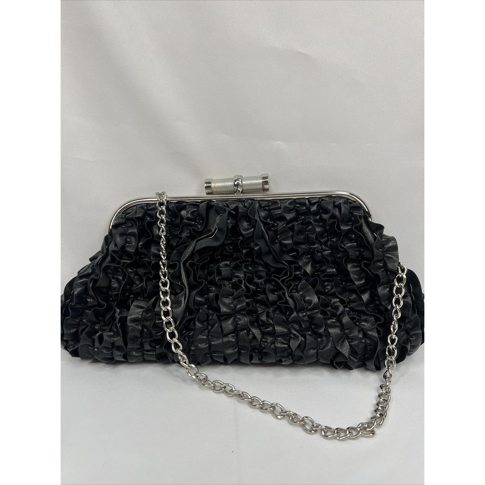 Ruffle Black￼ Purse Shoulder Bag Strap Silver Chain Ruffle Accent